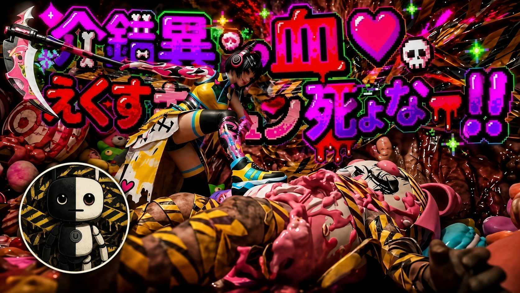 介錯異っ血♡えくすキュン死ょなー!!の紹介サムネイル。MVビジュアルとUshizaruさんのアイコンを使用